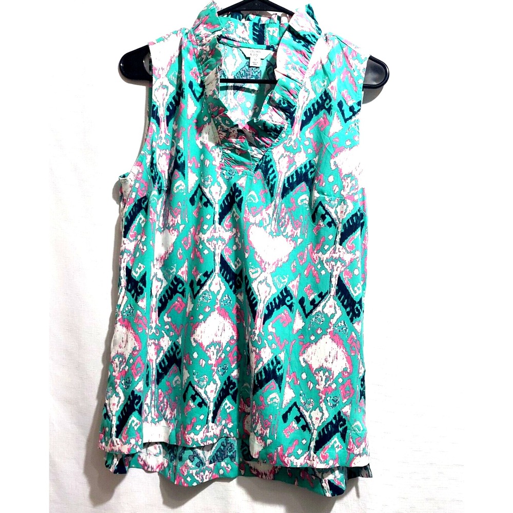 Crown & Ivy Womens Medium Sleeveless Blouse Ruffle Neck High Low Hem Lightweight